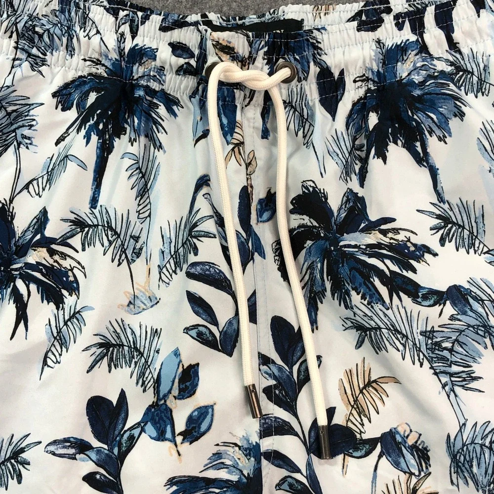 Rodd & Gunn Mens Swim Trunks XL Tropical Palm Tree Print White Navy Blue